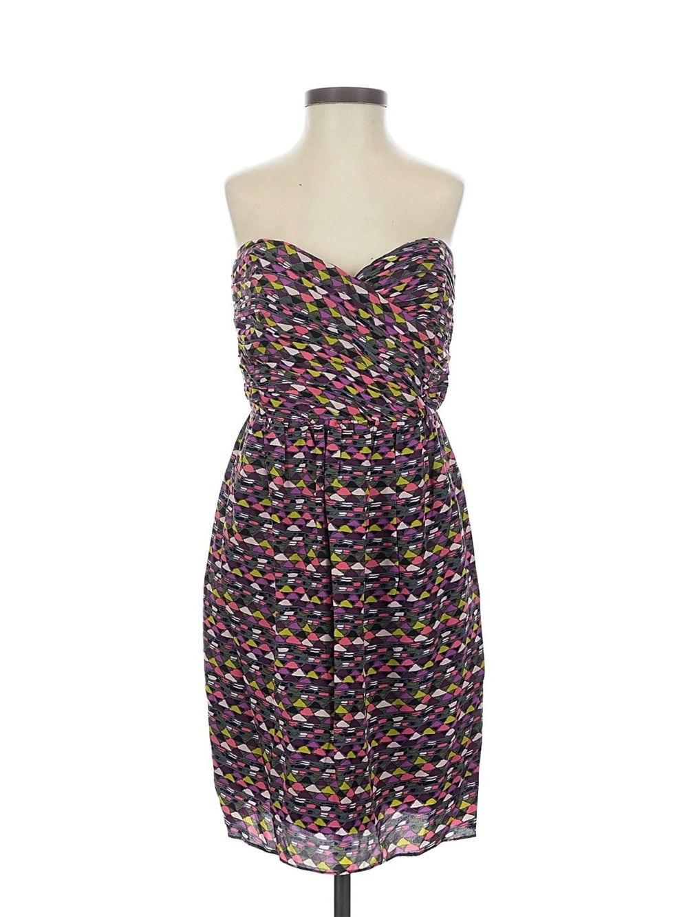 Shoshanna Strapless Ruched Cocktail Dress in Black with Pink & Yellow Print